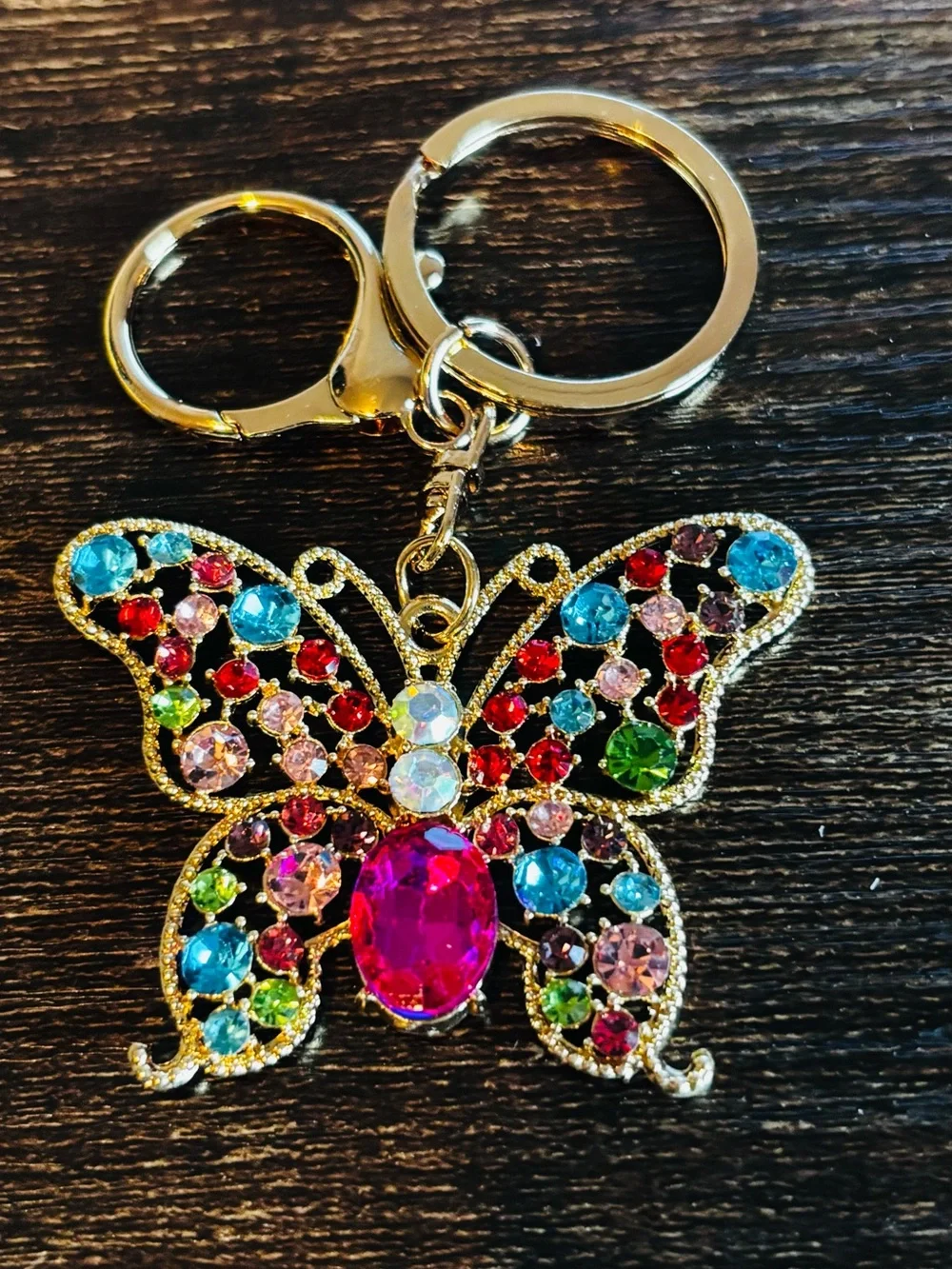 Multicolor Jeweled Crystal‎ Rhinestone Butterfly Keychain - Gold Tone